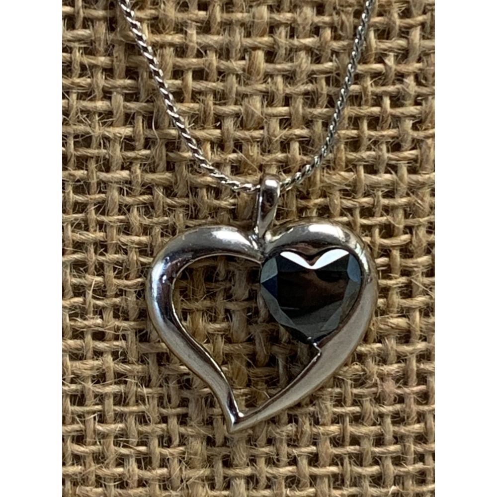 Silver Tone Open Heart Pendant Necklace with Black Heart Stone 18 Inch Chain